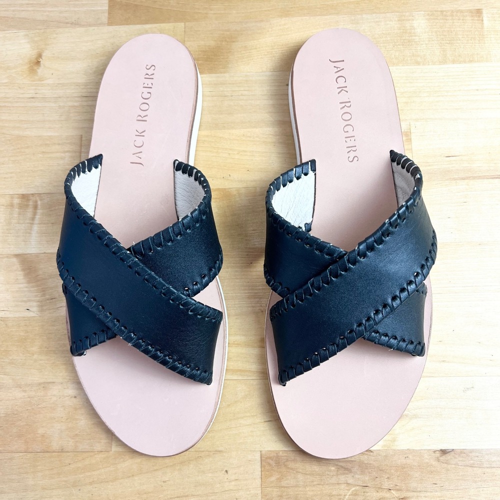 Jack Rogers Sandals Black Leather Sloane Band Boating Slideโ Flat Slip On Size 8
